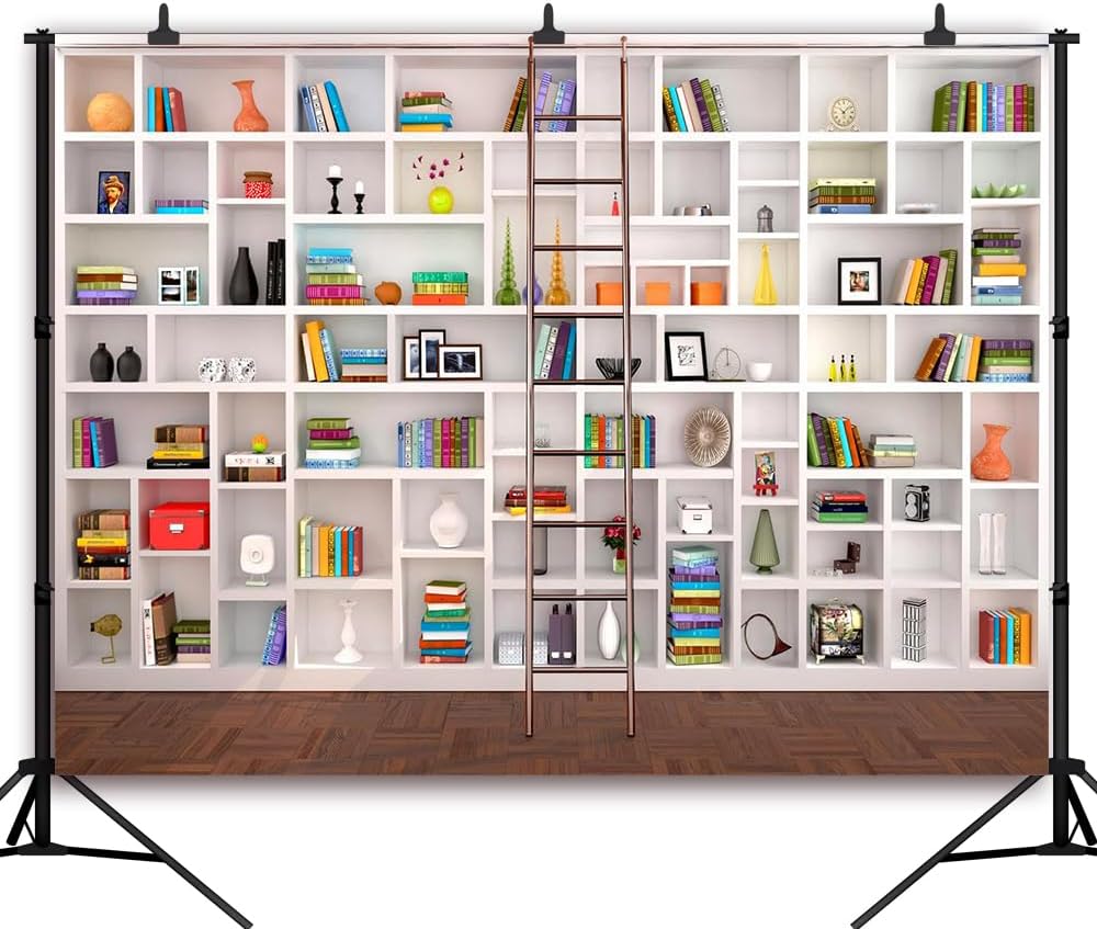CapiSco 7x5FT White Bookshelf Photography Backdrop Bookcase Library Photography Background for Office & Home Office