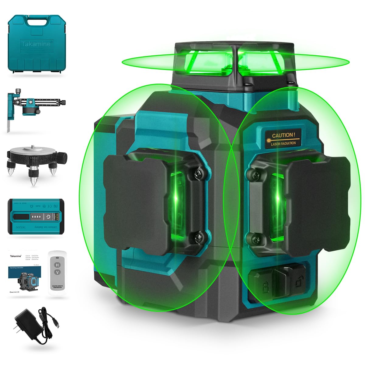 Takamine 3x360° 12 Lines Self Leveling Green Laser Level, 3D Cross Line for Construction/Picture Hanging with Removable Li-ion Battery, Remote Controller, Magnetic Rotating Stand and Hard Case