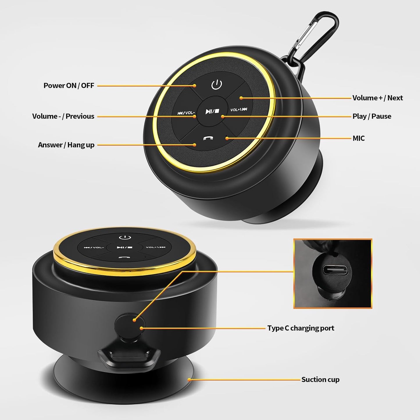 Kebrela IP67 Bluetooth Shower Speaker with Carabiner, Portable Bluetooth Speakers with Suction Cup, Waterproof