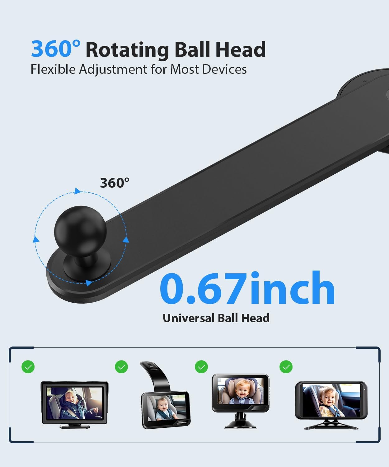 LUCKVIEW 17mm 360 Ball Mount for Baby Car Camera - Adjustable Bendable Monitor Stand with Strong Adhesive Base