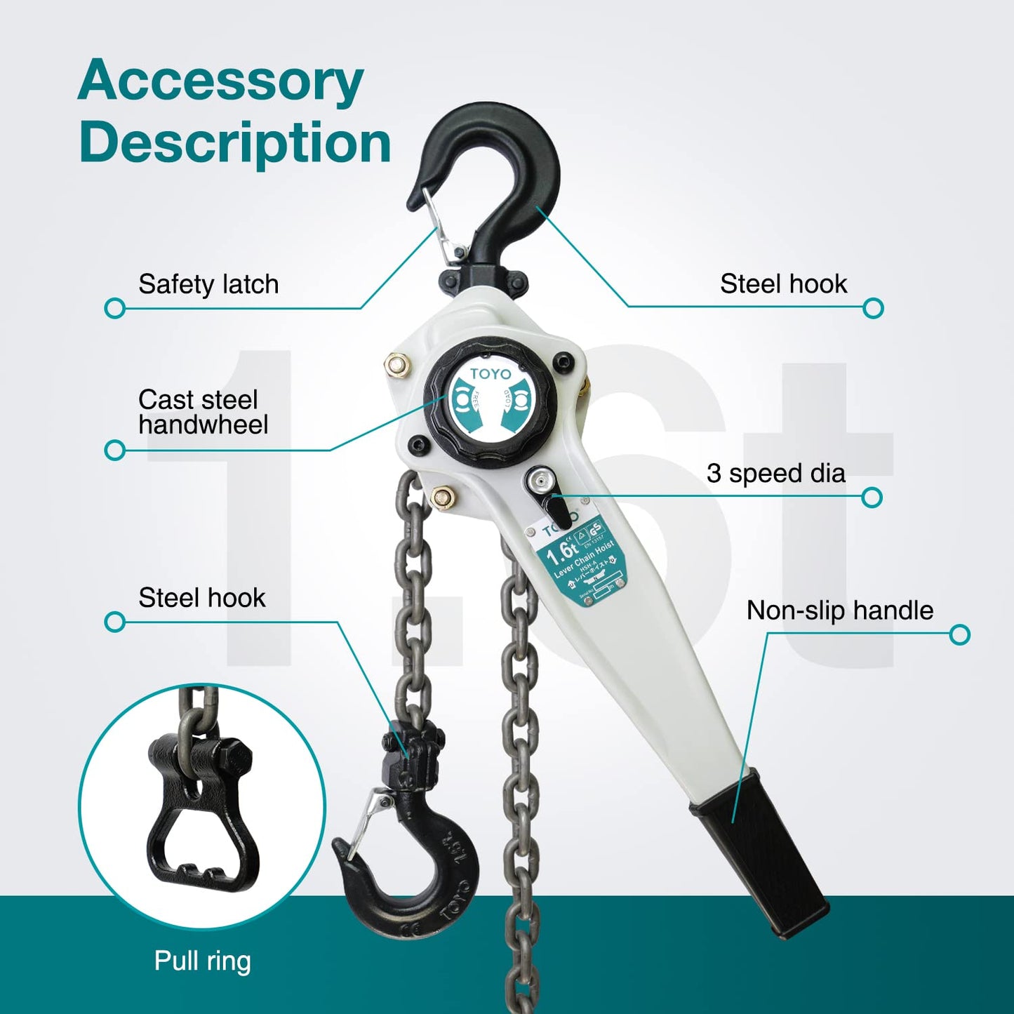 TOYO Lever Chain Hoist 3500Lbs 20ft,Chain Come Along 1.6T 20Ft Ratchet Chain Puller Hoist Alloy Steel G80 Chain 2 Heavy Duty Hooks for Building Warehouse Automotive Garages Machinery (3500LB 20FT)