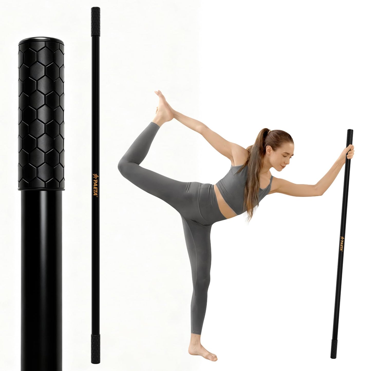 PAETA Yoga Stick for Stretching, 5ft Exercise Stick for Mobility & Flexibility, Bamboo Stretch Bar and Posture Pole with Non-Slip Grip - Includes Free Video Guide, Black