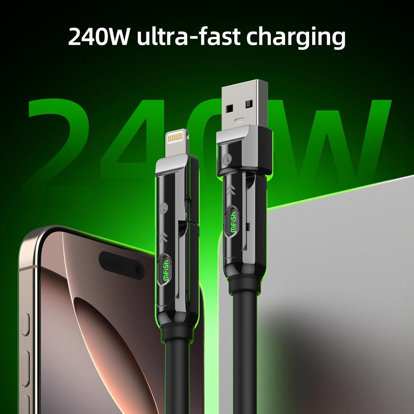 4 1 240W 10FT 17/16/MacBook/iPad/Laptop/Carplay, MFish in Charging Cable, Max Fast Charger Cord with Carrying Case