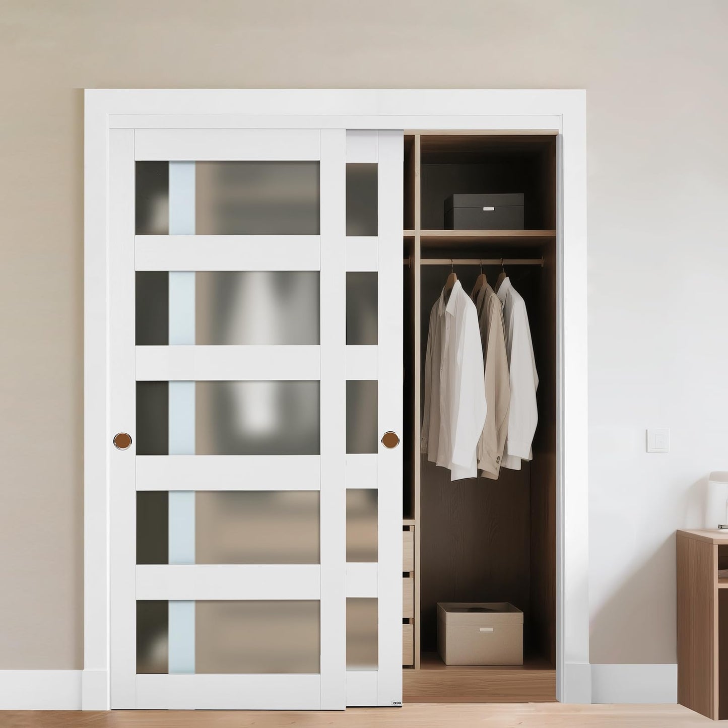 VEVOR Sliding Closet Door, 60" (Double 31") x 80", 5-Lite Frosted Glass with Hardware Kit & Floor Guide, Solid Wood & MDF Slab with Waterproof PVC Surface, Pre-Drilled Doors Panel, Need to Assemble