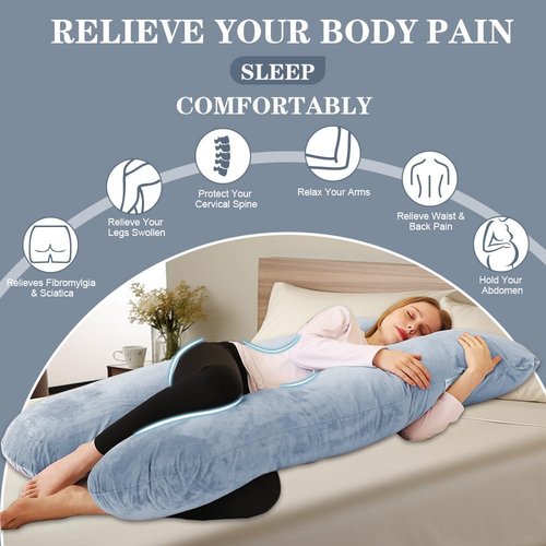 Chilling Home U-Shaped Pregnancy Pillow - Velvet Removable Cover | 55-Inch Full Support Body Pillow - Grey