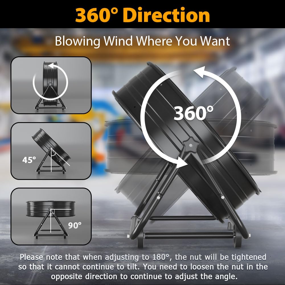 LifePlus 24 Inch Industrial Drum Fan, High Velocity Floor Fan, 3 Speed Heavy Duty Metal Air Circulator, 360° Tilt with Casters Handle ETL Standard for Patios, Warehouse, Commercial, 8900 CFM
