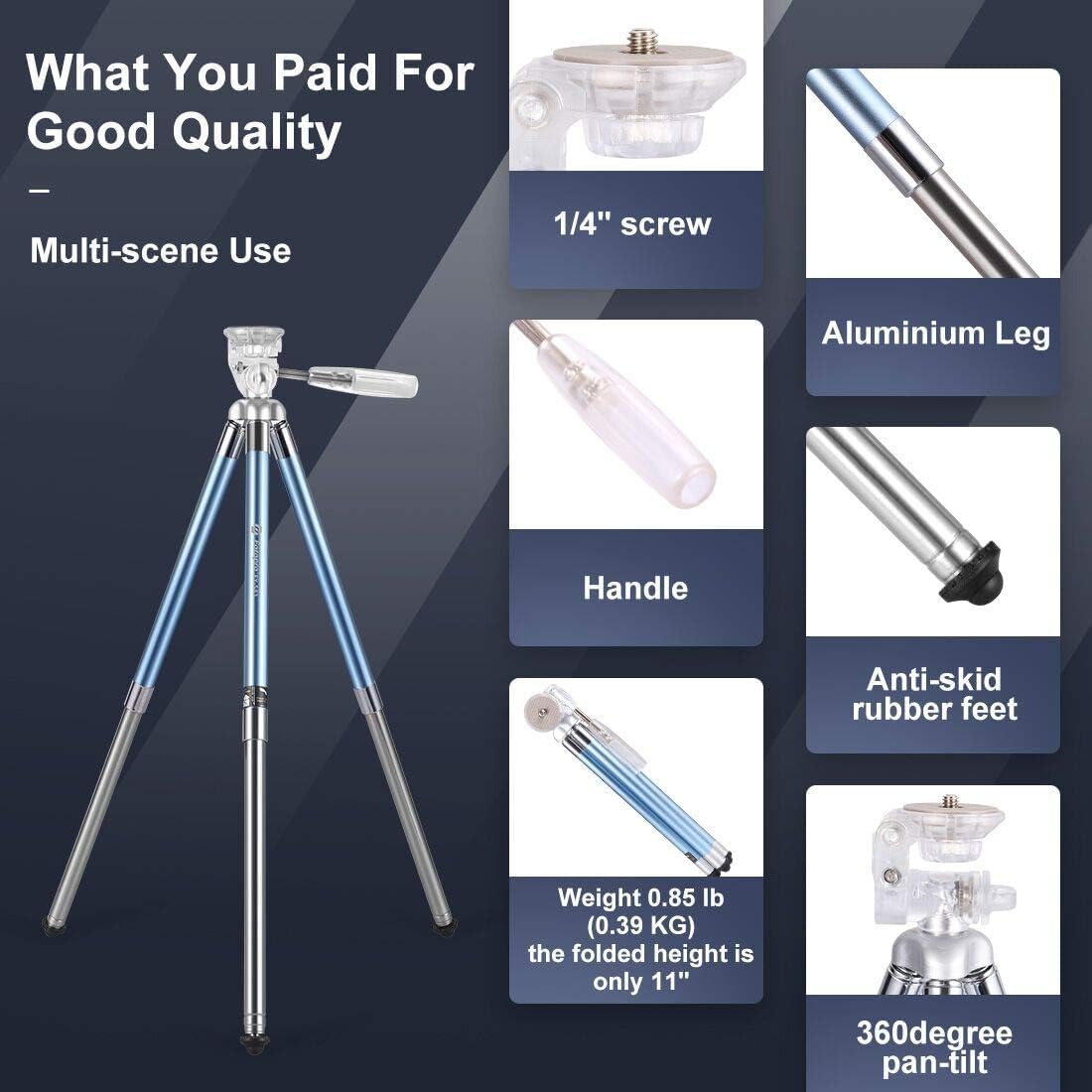 Fotopro 40 Inch FY-583 Phone Tripod Lightweight Travel Tripod for Camera with Phone Mount Portable Vlogging Video Blue