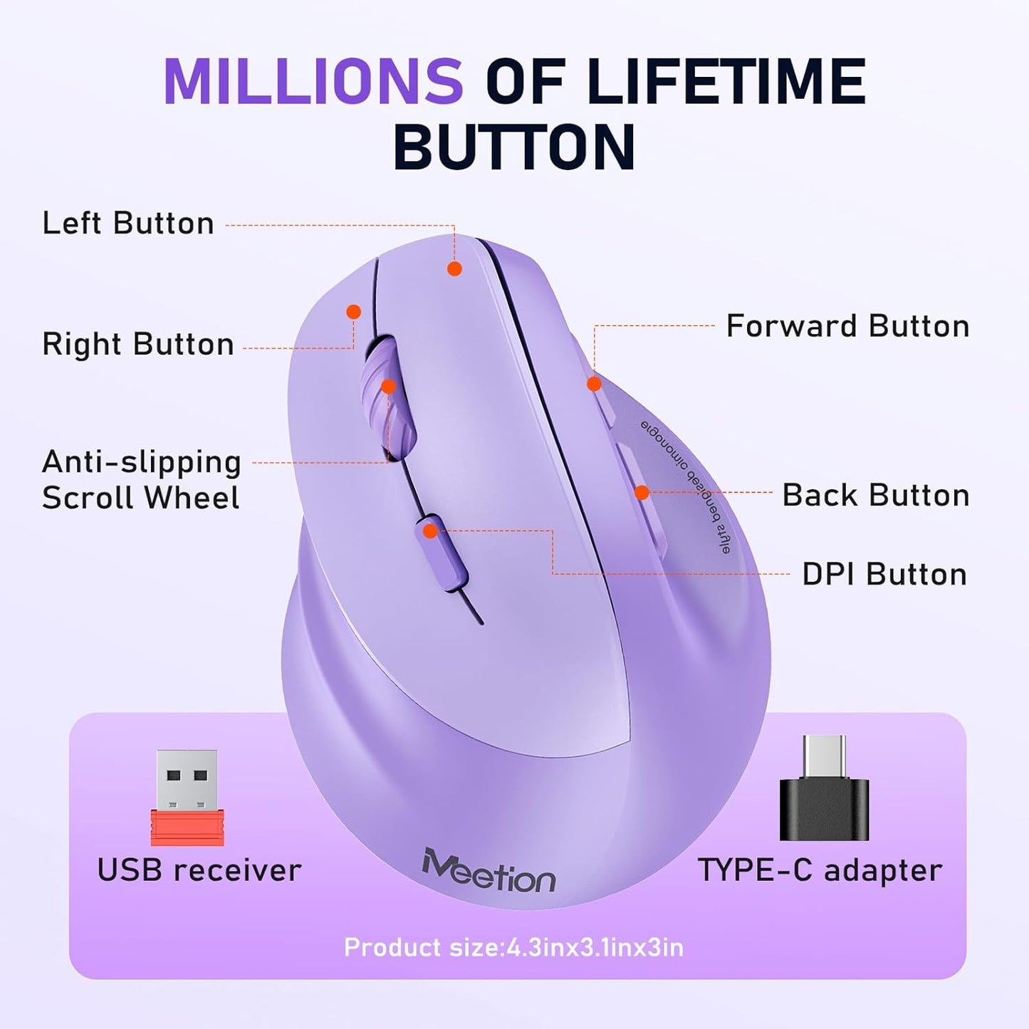 MEETION Bluetooth(5.2 3.0) 4 Left-Handed Mouse, Ergonomic Mouse Wireless Vertical Mouse, RGB Rechargeable Mice for +