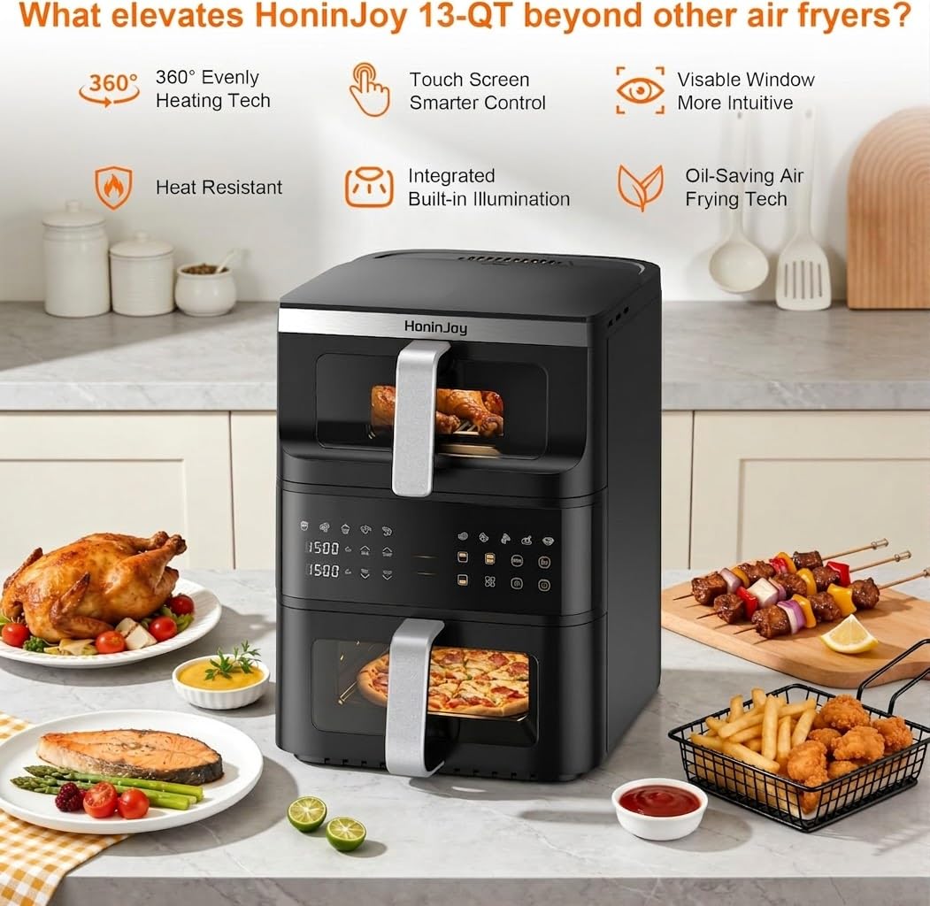 13QT Dual-Basket Air Fryer, Vertical Compact Large Air Fryers with viewing window & Independent Light, 10-in-1 Presets for Home Family, Bake/Grill/Dehydrate/Reheat, Freidora De Aire Dishwasher-Safe