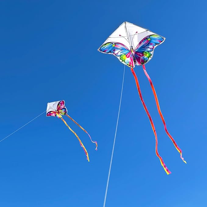 Simxkai Butterfly Kite for Kids & Adults, Easy to Fly Blue Big Kite for Beginners, Line Handle Included (1Pack 2Pack)
