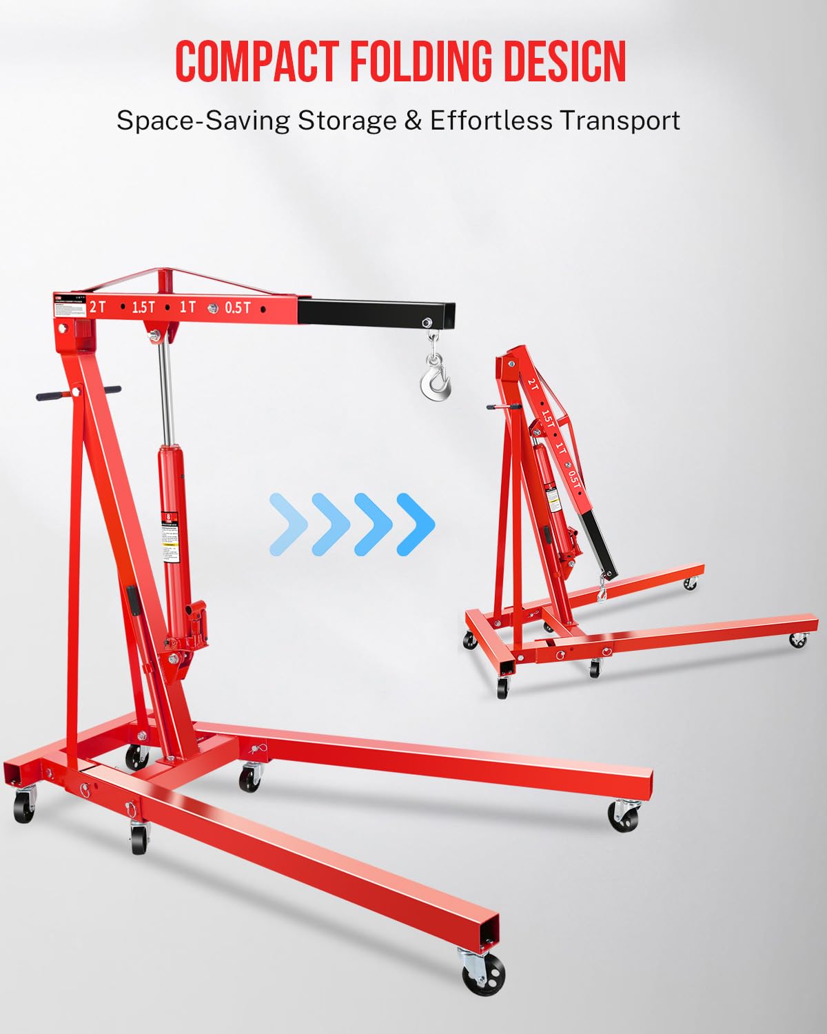 2-Ton Shop Crane, Hydraulic Folding Engine Hoist w/6 Steel Casters - Lift Car Transmissions, Boat Motors, Farm Equipment (Net Wt. 157 lbs)