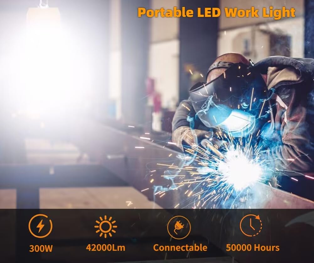 300W LED Temporary Work Light 42,000LM Construction Light Job Site Lighting,5000K,Linkable with ON/Off Button & Hook Portable Work Hanging
