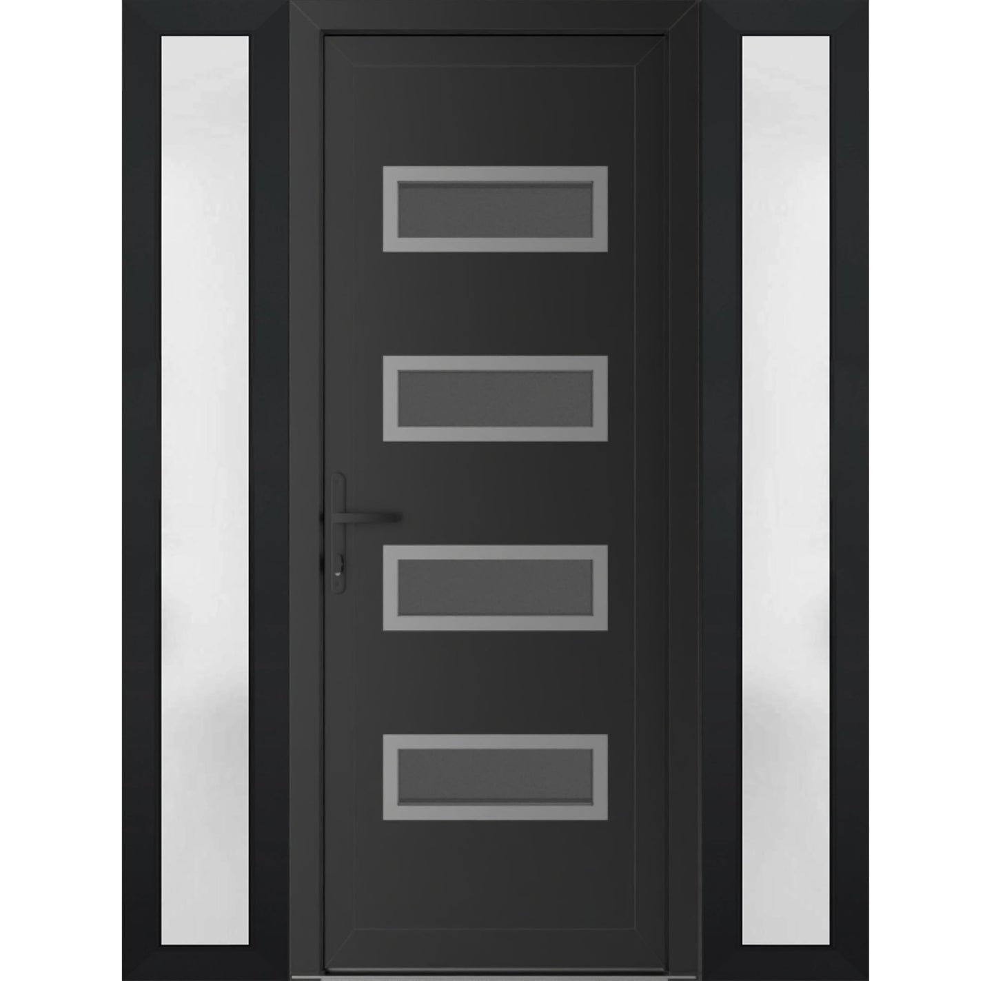 VDOMDOORS Front Exterior Prehung Metal-Plastic Door Frosted Glass | Manux 8113 Matte Black | 2 Side Sidelite Transoms | Residential Doors Entrance Patio Garage 64 x 80 (W14+36+14 x H80) Right-Inswing