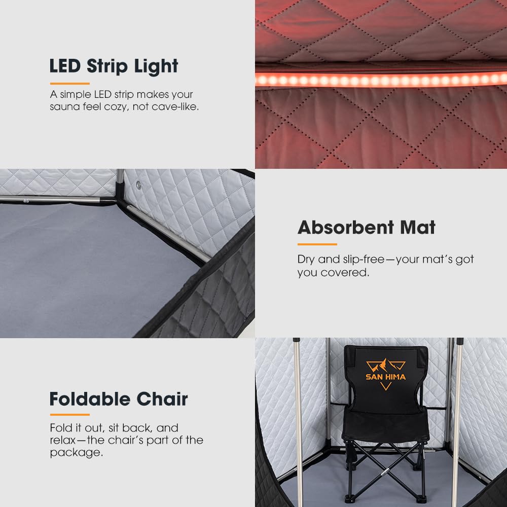SAN HIMA Portable Sauna for Home, 1 Person Steam Sauna Box with Red Light Therapy, 3L 1500W Steamer, 9 Heat Levels, 90 Minute Timer, Foldable Chair, Remote Control, Indoor Home Spa Sauna Tent