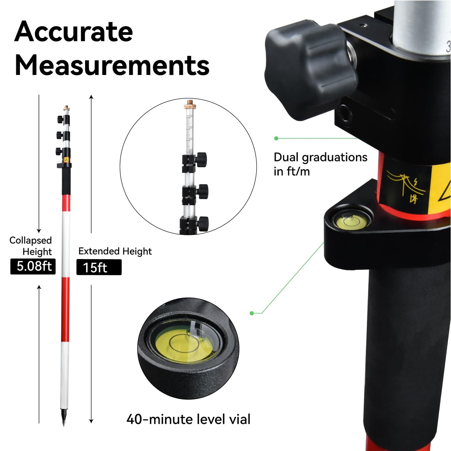 SingularXYZ 4.65m/15.25FT Aluminum Prism Pole - Dual Scale, Quick Release Clamp & 40-Minute Bubble Level, Survey GPS Pole for GPS/GNSS/Total Stations