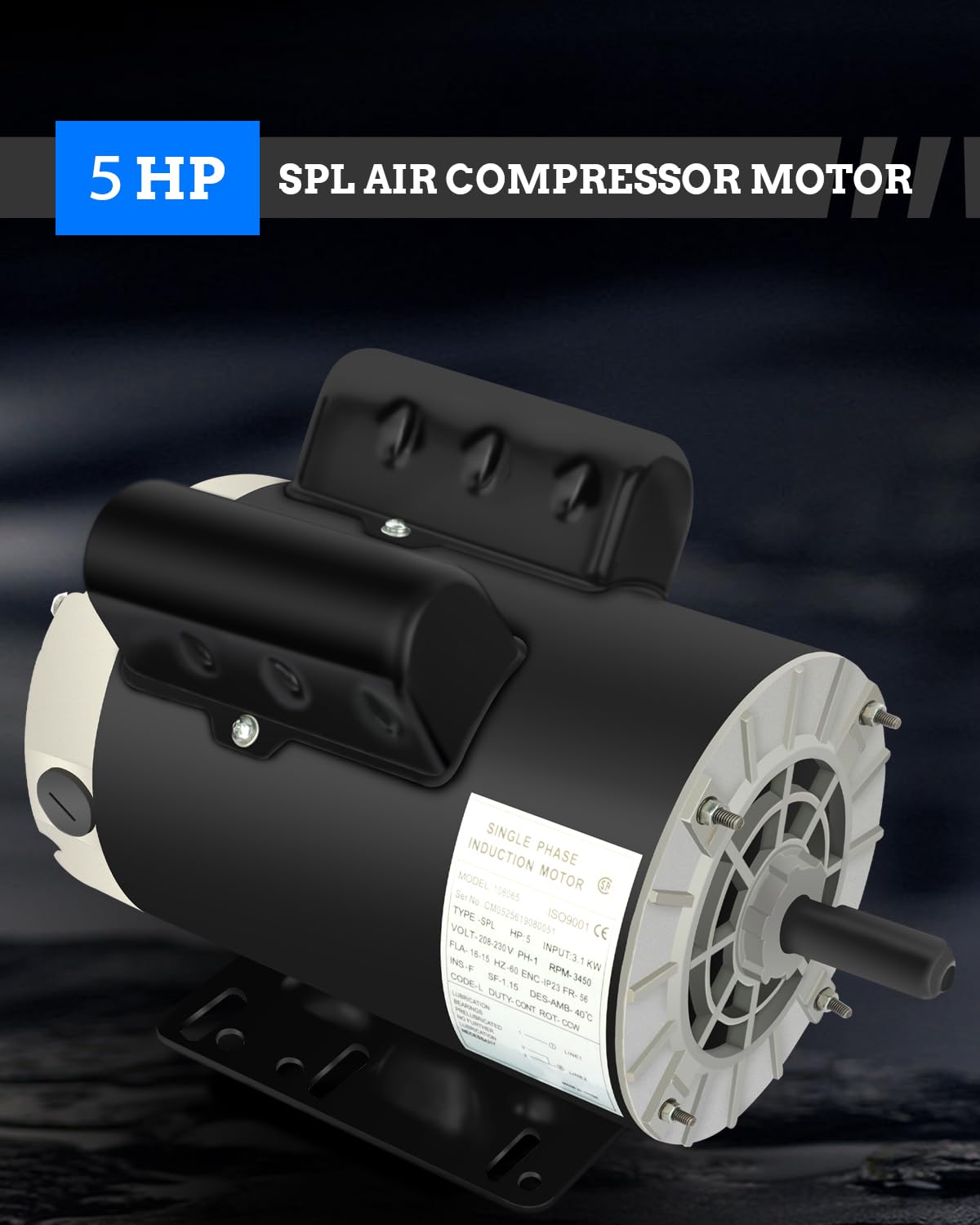 Air Compressor Motor, 5 HP SPL Single Phase Electric Motor 3450RPM 56 Frame 208-230V 5/8" Shaft Diameter ODP CCW Rolled Steel Shell