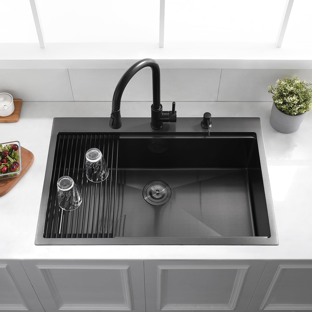 33 Drop In Black Workstation Kitchen Sink, Luckyhorse 33x22 Inches 16 Gauge Nano Black Stainless Steel Sink Topmount Workstation Single Bowl Kitchen Sink LH007SB