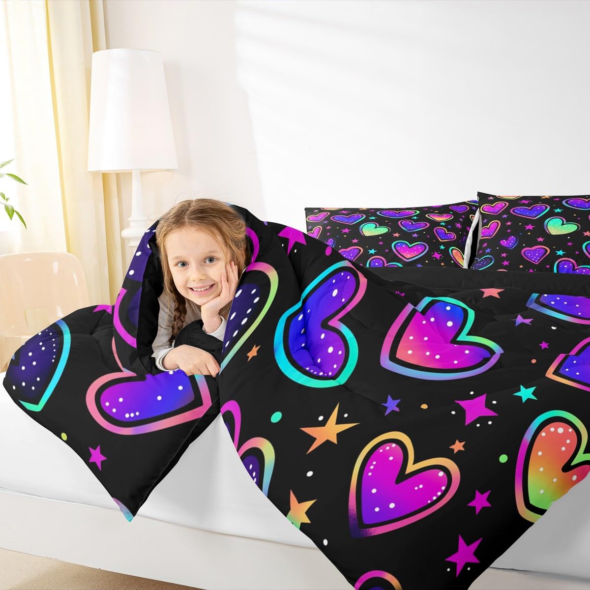 Erosebridal Neon Hearts Bedding Twin Rainbow Love Heart Comforter Set for Girls, Psychedelic Galaxy Duvet Insert Gradient Glowing Stars Down Comforter, Black Girly Bedding Comforter Sets Lightweight