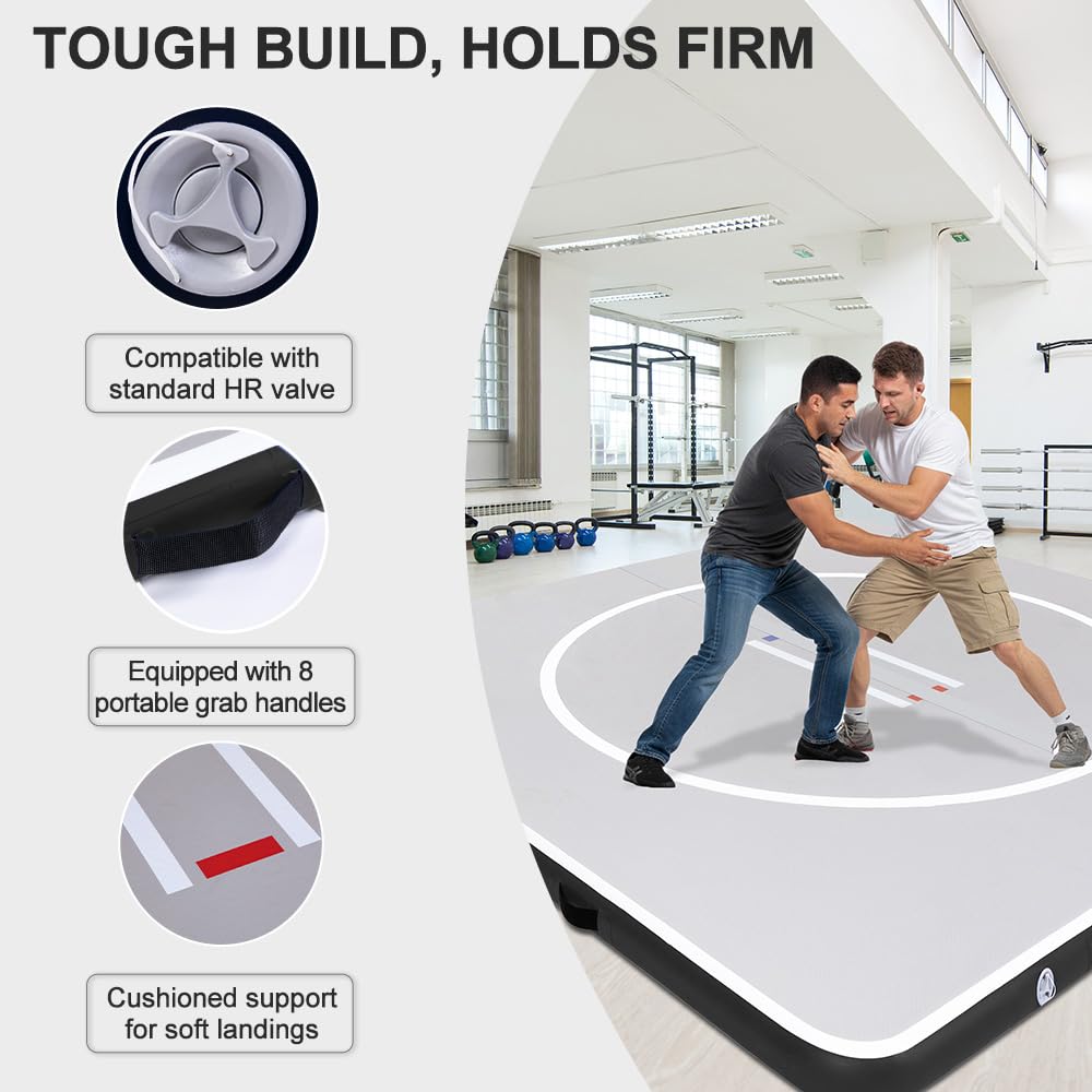 COOLWAVE Inflatable Wrestling Mat and Jiu Jitsu Mats for Home Gym or Outdoor Training, Great for BBJ, MMA, Martial Art, Grappling, Judo, Boxing, Yoga and More with Soft Landings and Good Bounce (Light Gray+Black, 10FT)