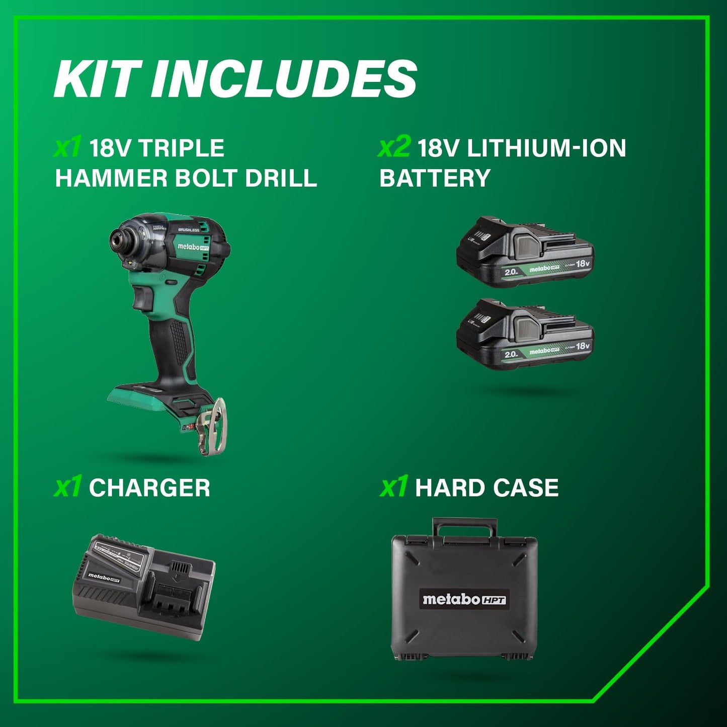 Metabo HPT 18V MultiVolt Cordless Triple Hammer BOLT Impact Driver Set, Power Impact Driver Kit with Case, 2 Lithium-Ion Batteries and Charger, 1/4-Inch Chuck, Compact LightWeight Power Tool, WH18DC