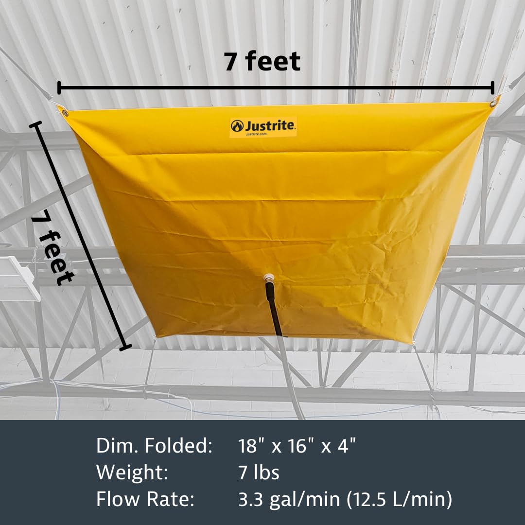 Justrite Ceiling Leak Diverter Tarp with Hose Connection and Corner Grommets, 7' x 7' Puncture-Resistant and Watertight PVC-Coated Fabric, for Temporary Leak Fix, Made in The USA, Yellow, 28304
