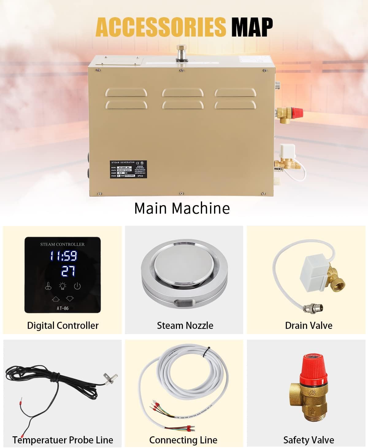 CGOLDENWALL 5KW Commercial Self-Draining Steam Generator Shower System Home Steam Bath Spa Generator 30 min to 12 Hours with Auto Drain 95-131℉ for Suitable Space Heating 5 m³/176 Cubic feet (5KW)