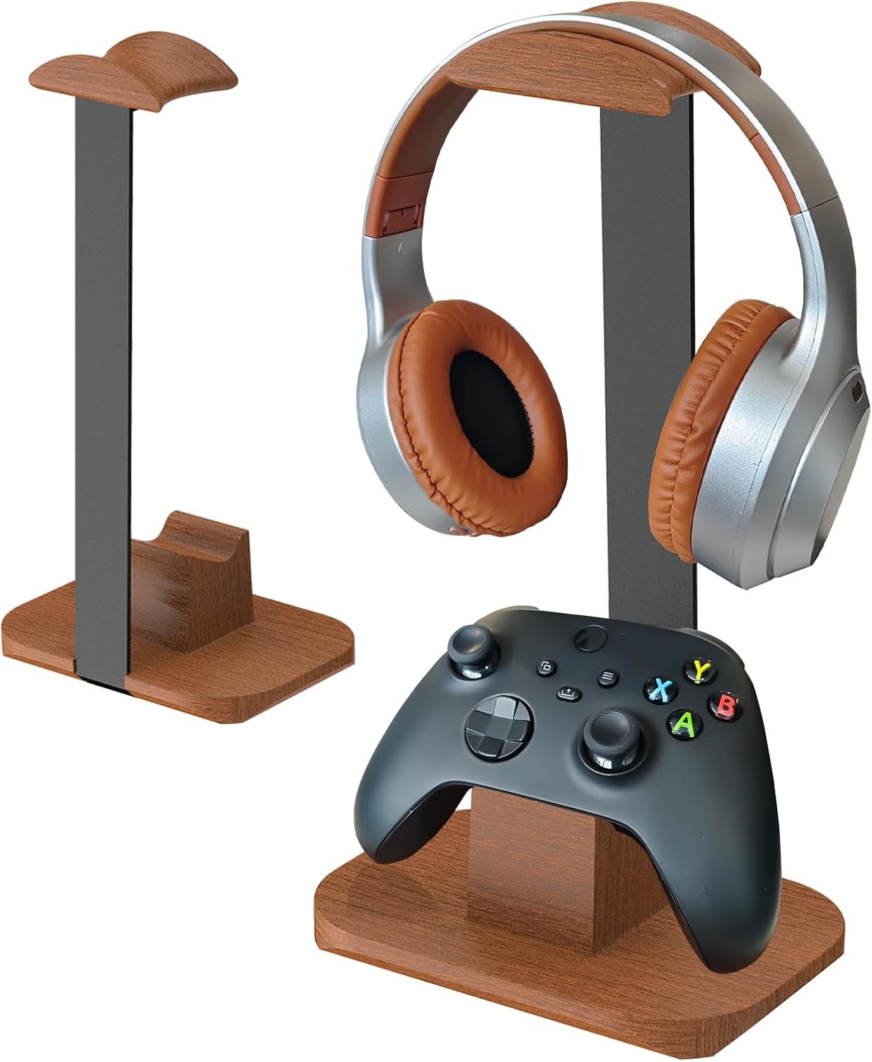 Moginno Headset Walnut Headphone and Controller Stand, Desk Gaming Equipment Wooden Controller Holder, Earphone Hook