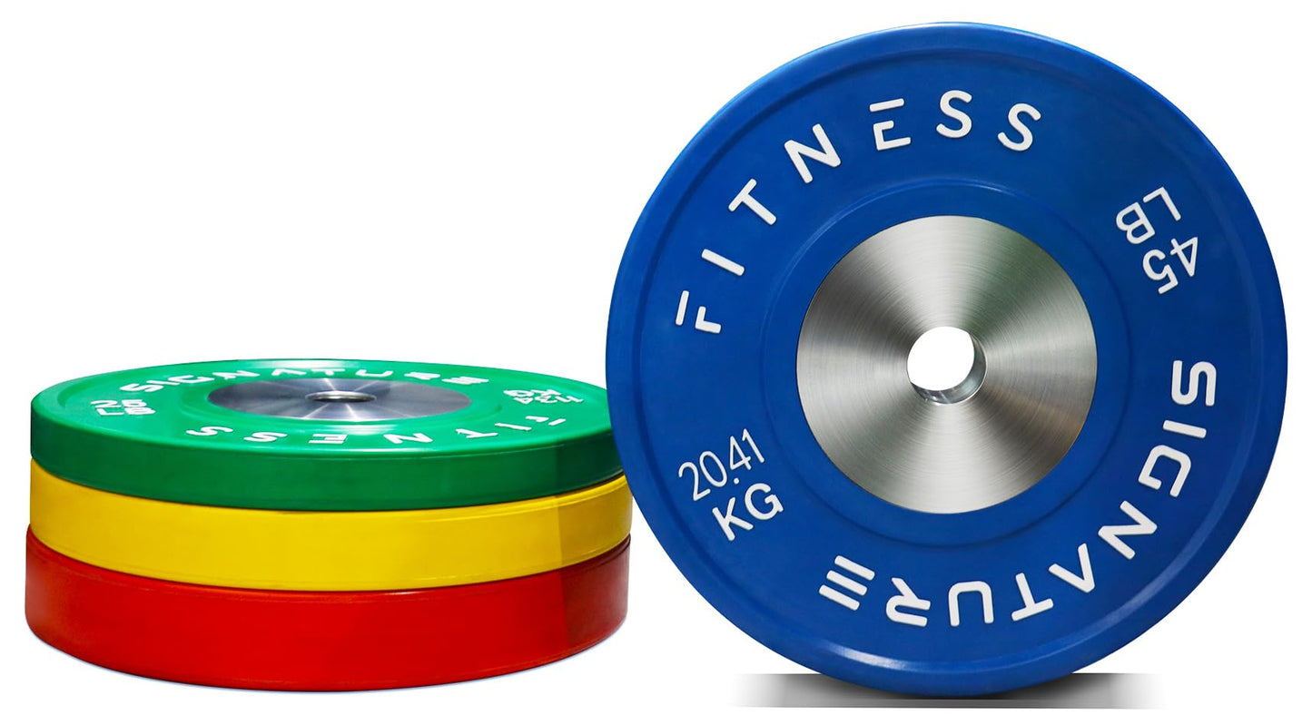 Signature Fitness Fitvids 2" Olympic Competition Bumper Plate with Steel Hub for Strength Training and Powerlifting - Minimal Bounce – 45LBS Single – 45-Pound, Single – Blue