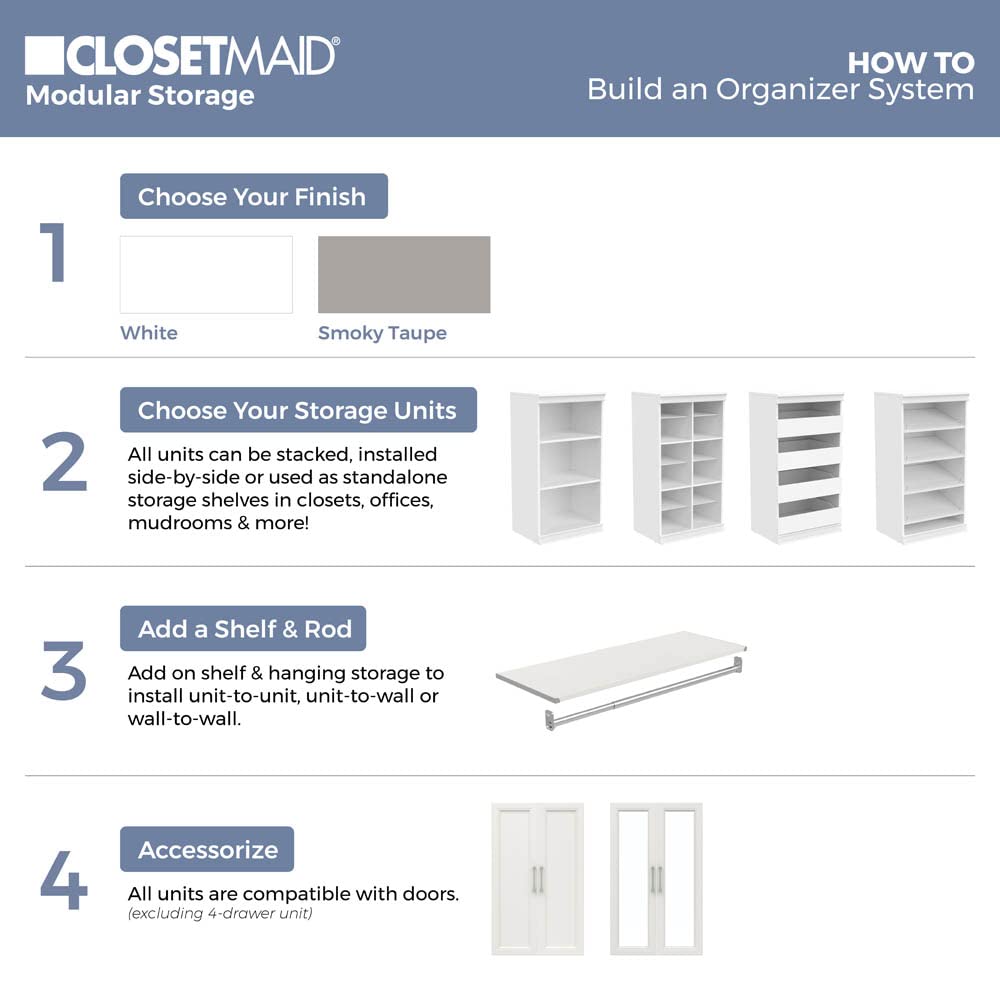 ClosetMaid Modular Storage Unit with 4 Drawers, Wood Closet Organizer, Stacking, Full Backer, Storage, Decorative Trim, White