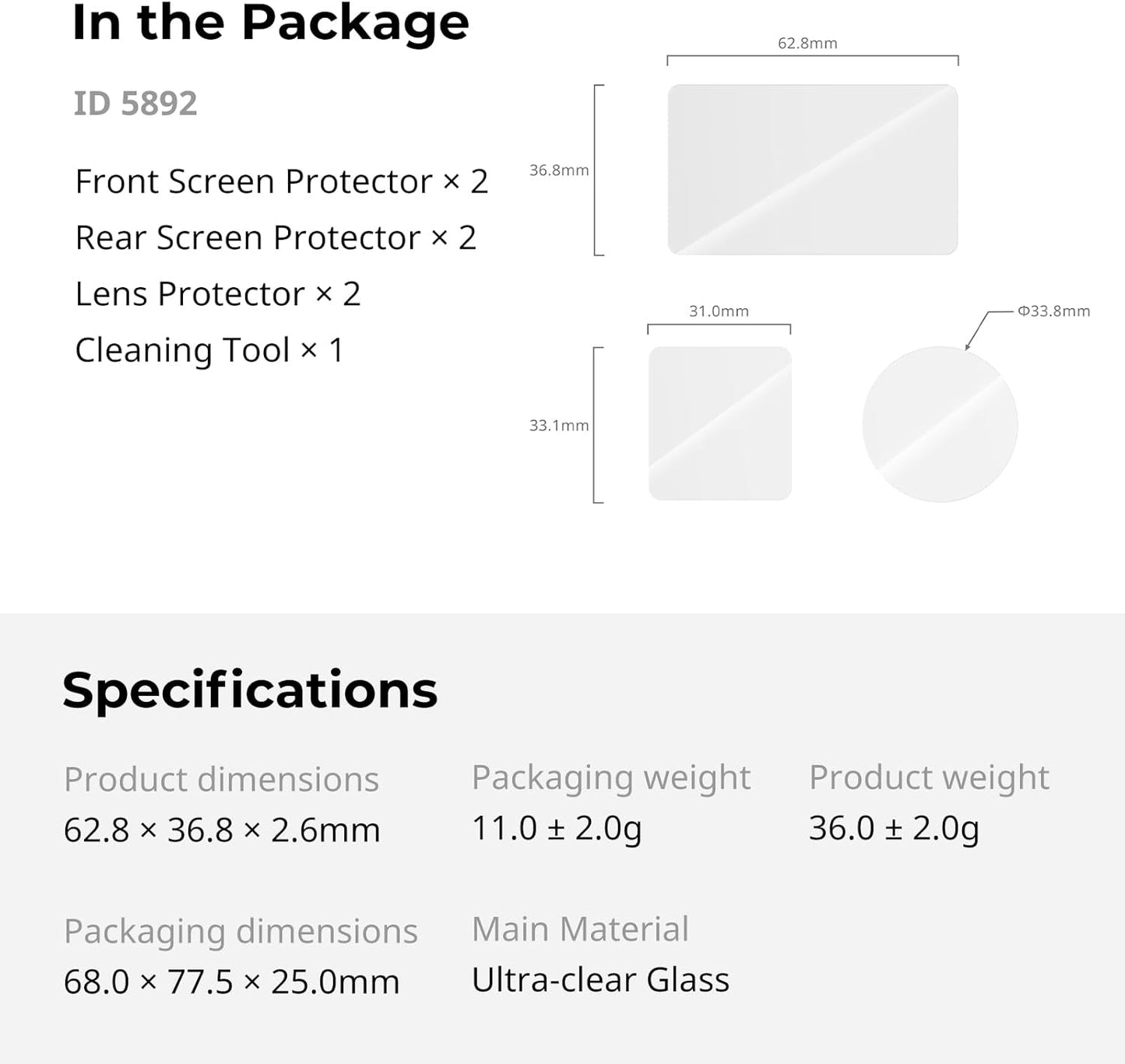 SMALLRIG 6, 5892 Screen Protector Kit, Tempered Glass Screen Protector for DJI Osmo Action Ultra-Thin and Durable