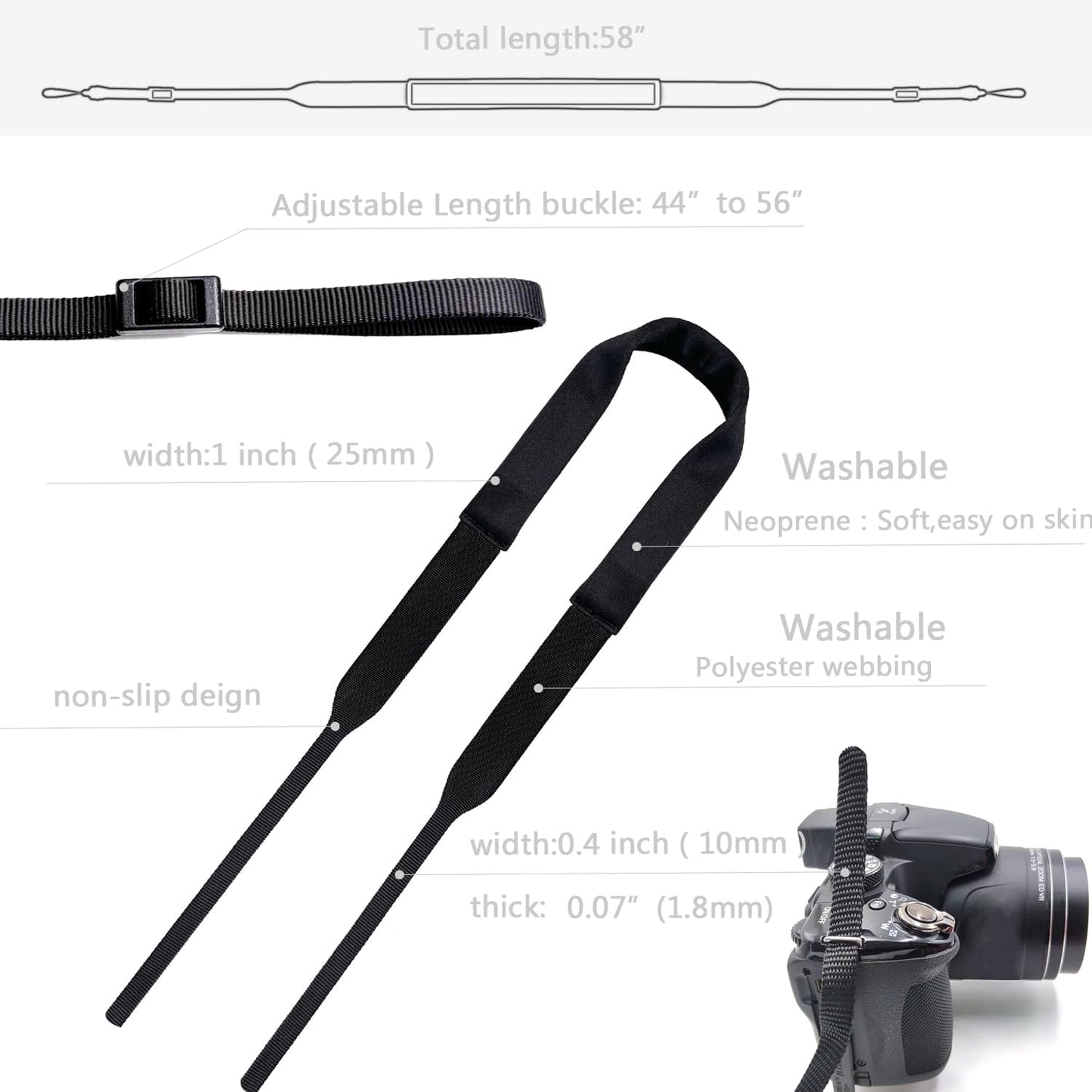 YMTHamaz3 Photographers,Washable,Black,58 Inch Camera Neck Strap Thin,Binocular Strap with Neoprene Padding,Camera