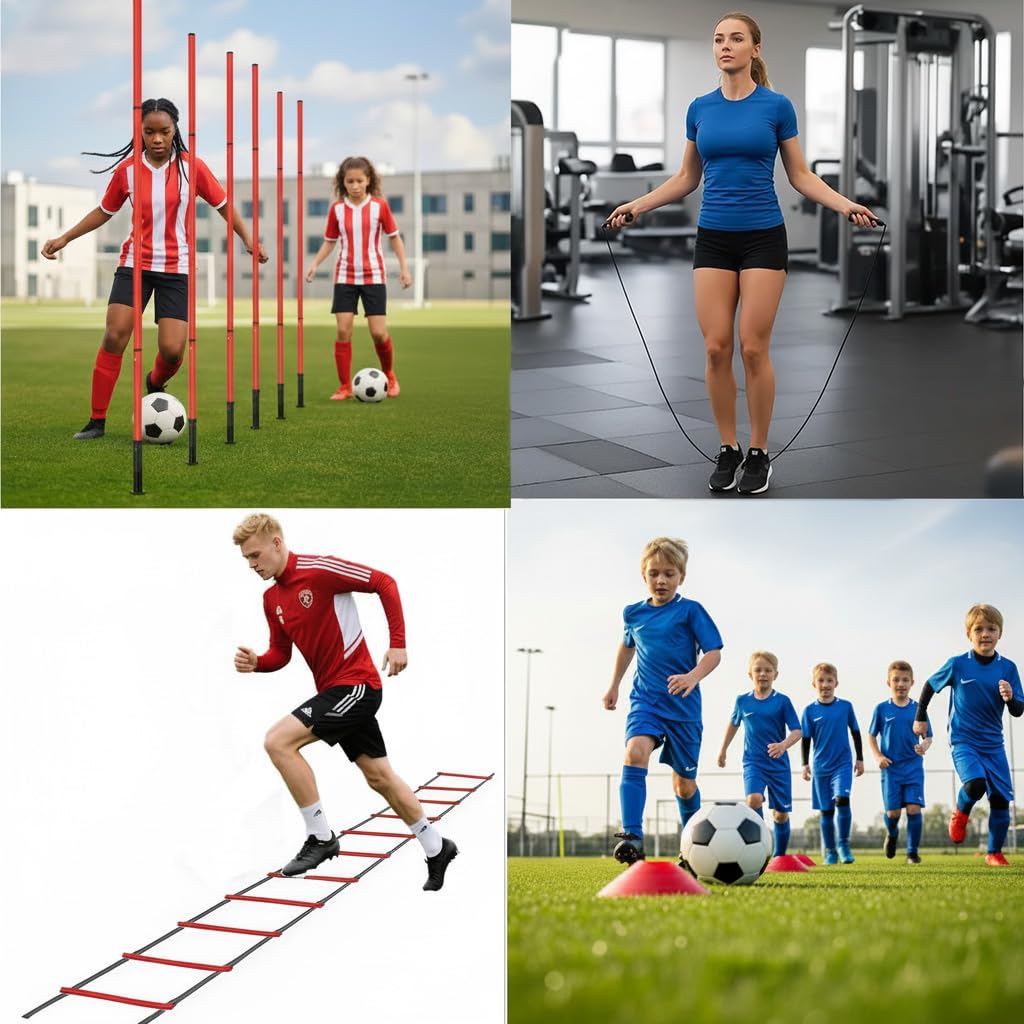 MQMCPDS Adjustable Soccer Training Agility Poles 6,1speed Ladder Agility Ladder,10soccer Cones for Training,1Jump Rope+Storage Bag,Auxiliary Equipment for Football Speed and Agility Training (red)