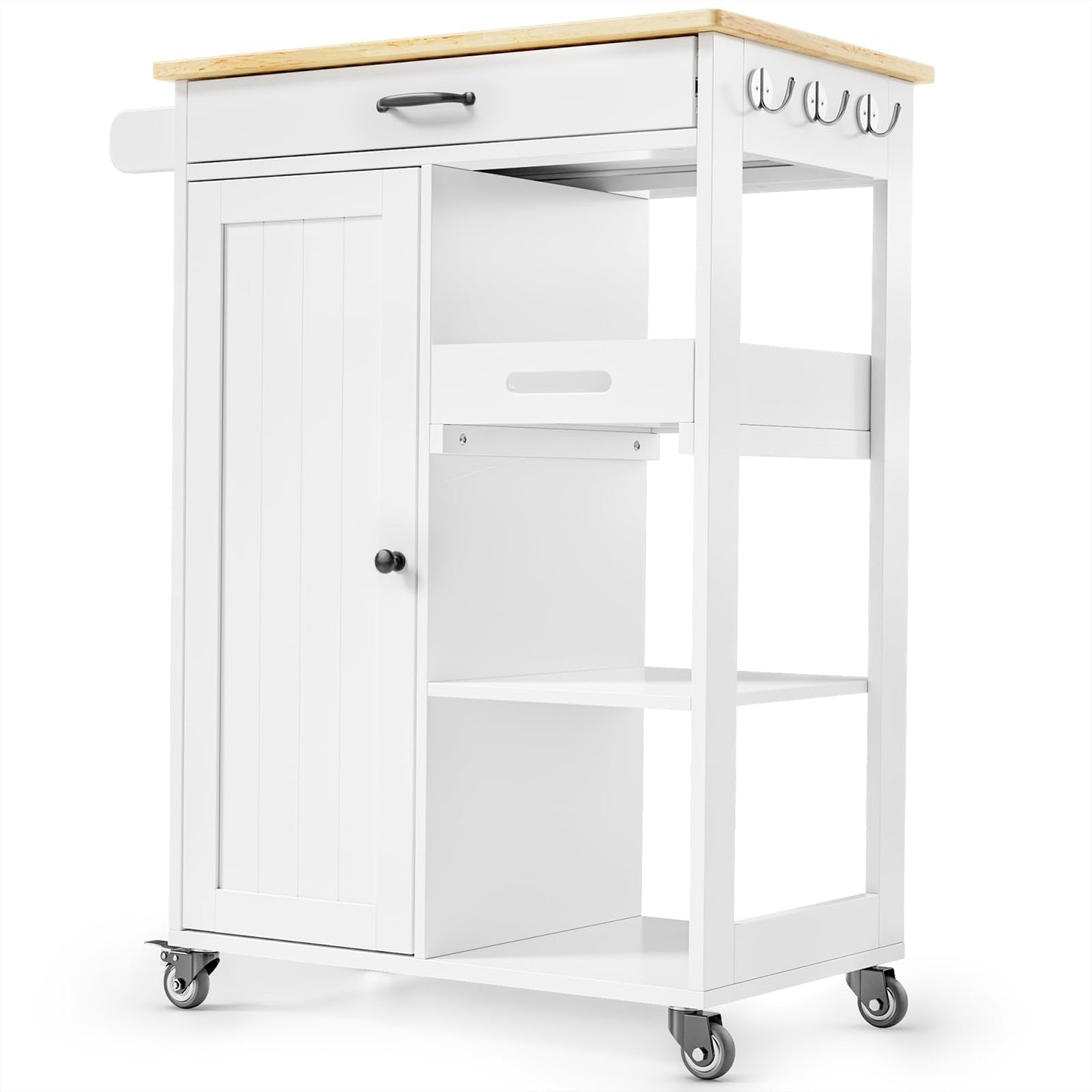 Gizoon Kitchen Island Cart with Removable Tray, 27.6''W Rolling Utility Trolley Cart with Drawer, Cabinet, Towel Rack, Hooks and 3 Open Storage Shelves, Mobile Storage Cart for Dining Room, Bar, White