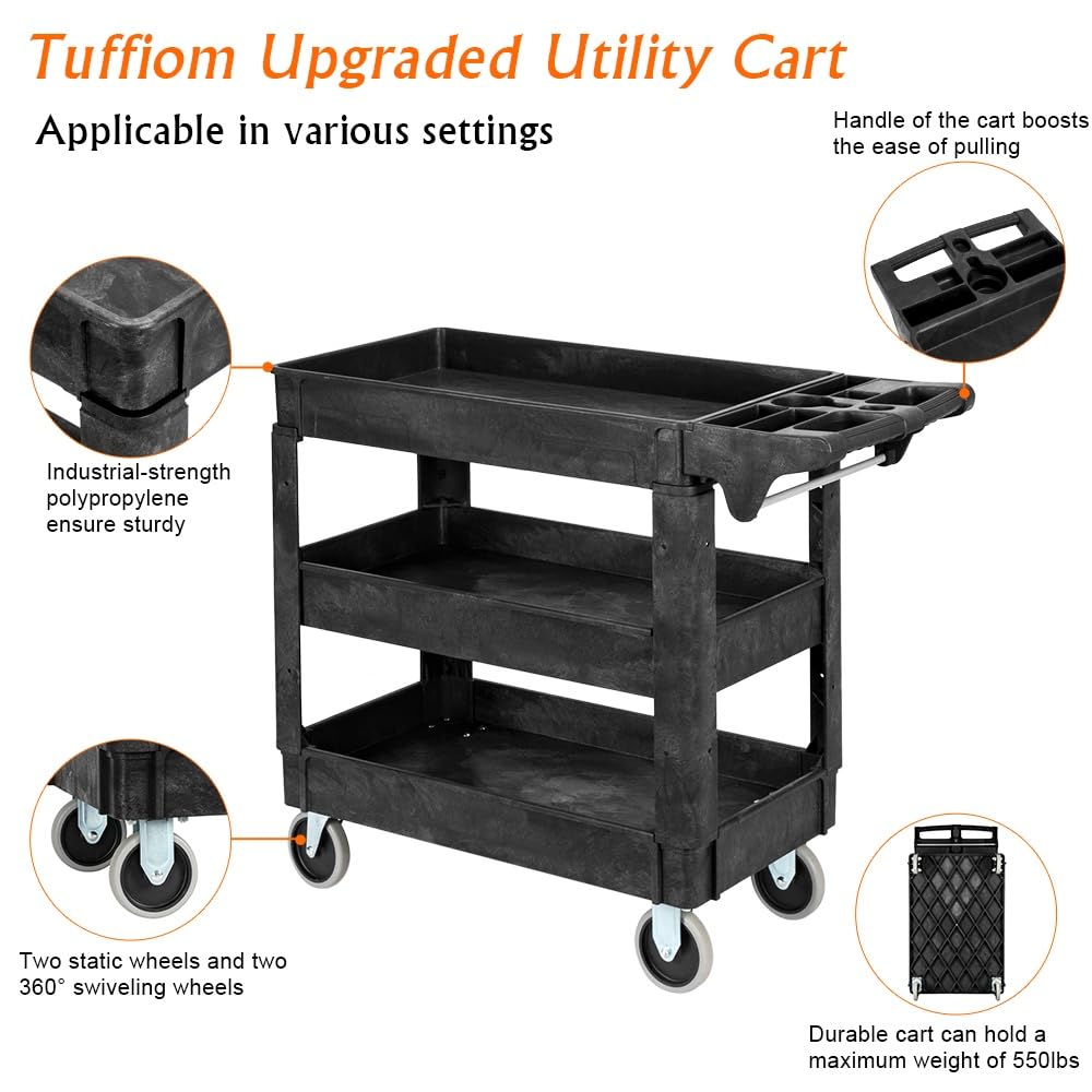 LEADZM 3-Shelf Plastic Service Utility Cart, Steady & Durable Tub Cart with Deep Shelves, Large Capacity, Multi-Function Handle Storage and 360°Flexible Wheels with Braker, Great for Warehouse/Garage