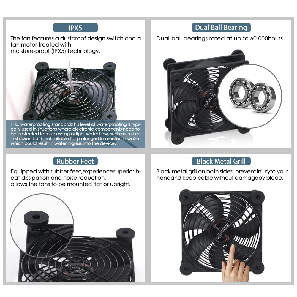xiaoqijia 120mm 10 5V 12V IPX5 Dual Fan with Speed USB DC Waterproof Cooling Fan for Tablet TV Receiver Router DVR Xbox