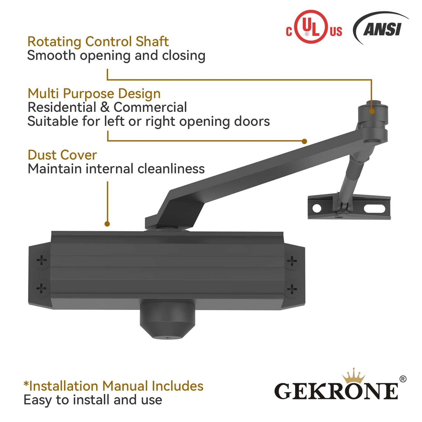 GEKRONE Automatic Door Closer Heavy Duty Fire Prevention Spring Hydraulic Aluminum Alloy Surface Mounted Residential Commercial Grade Door Closer Adjustable Speed Door Weights 55-99 Lbs Size1-Black