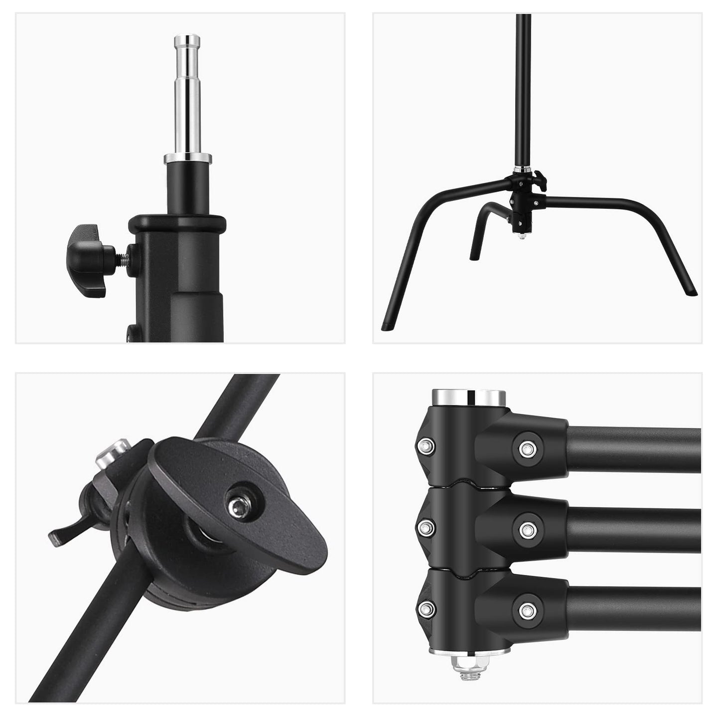 Soonpho 2 Pack 100% Heavy-Duty Steel C-Stand, Pro Photography Light Stand with 3.5'/108cm Extension Arm, Grip Head, Turtle Base for Studio Monolight, Softbox, Reflector, Max Height 10'/305cm – Black