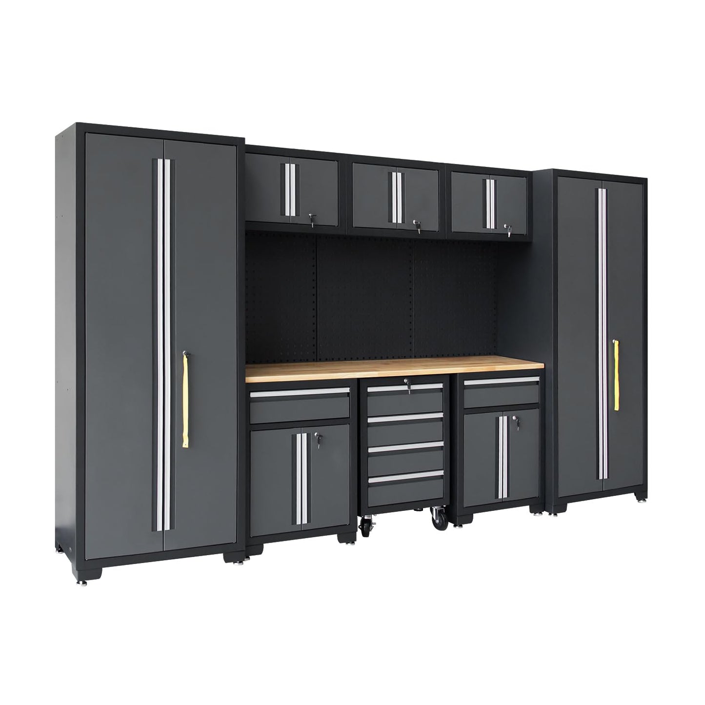 HPDMC Garage Storage Cabinet System 9-Pcs Workshop Set Garage Cabinets and Storage System with Steel Cabinet Drawers, Rolling Chest, Workbench, Pegboard for Garage Tool Organization, Black and Grey