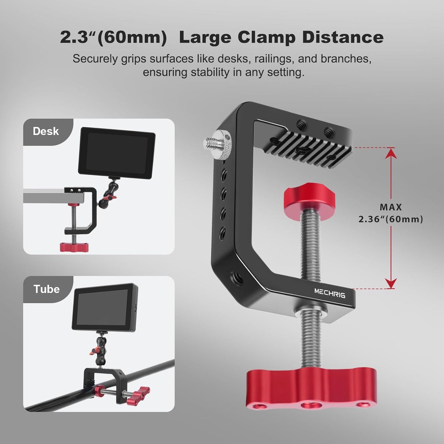 1/4" 3/8" 2.36" (62021) C Clamp Desk Camera Mount, Aluminum Table C-clamp with Thread, Desktop DSLR Mount for Photo