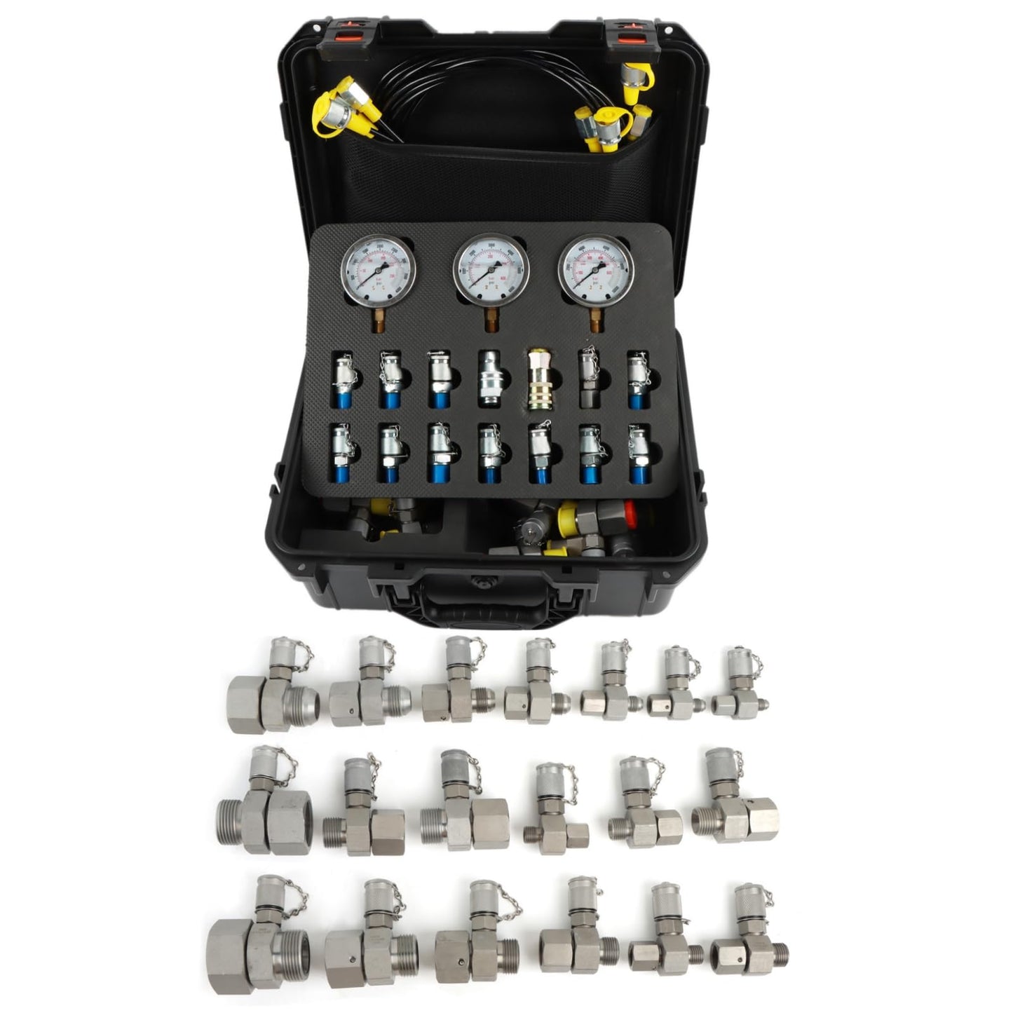 IMELBUFF Hydraulic Pressure Test Coupling Kit, JIC BSPP ORFS Hydraulic Swivel Run Tees Set Repair Tools for Most Excavator Construction Machinery 3 Gauges 4 Test Hoses 14 Couplings 19 Tee Connectors