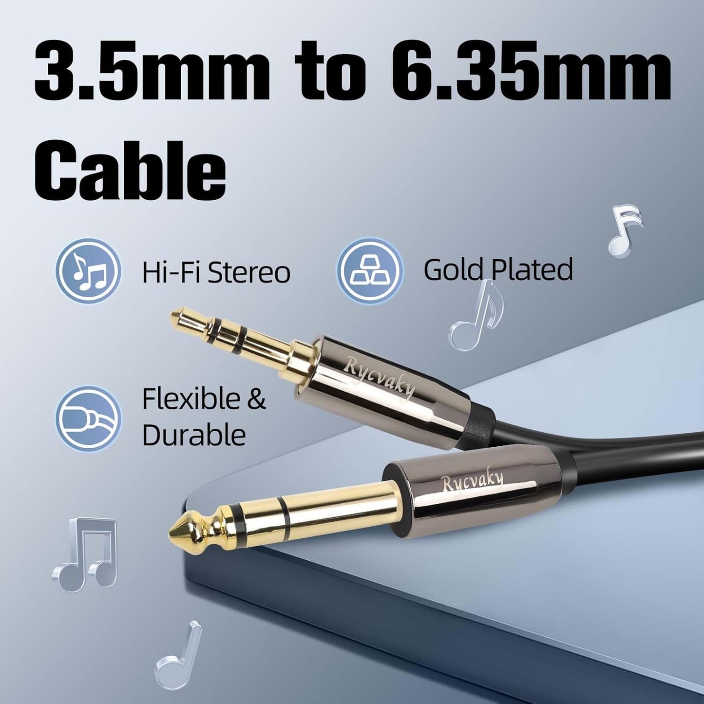 rycvaky 3.5mm 6.35mm 1/4" 1/8" Connectors(35ft/1pk) to Auxiliary Audio Cable, Male to Male TRS Stereo Audio Cable