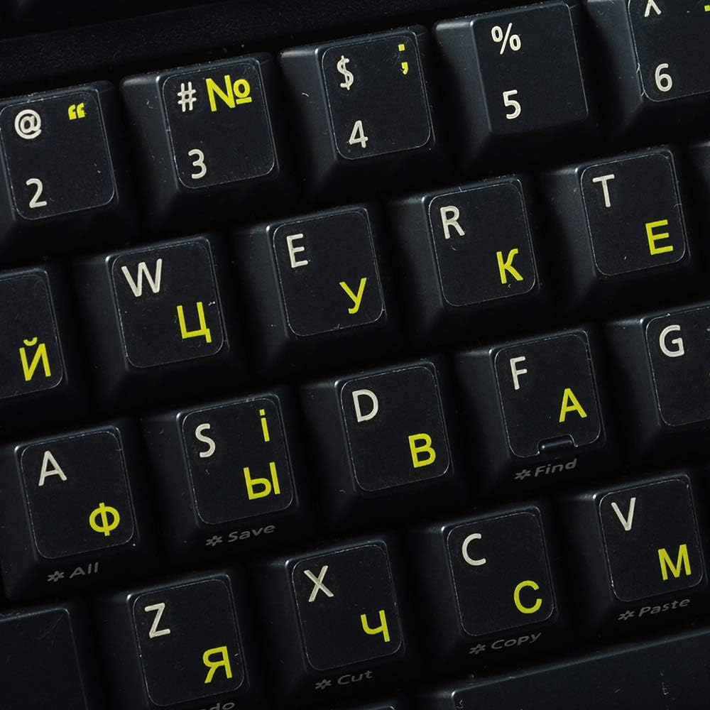 4Keyboard Ukrainian Russian Cyrillic Keyboard Labels Layout with Yellow Lettering ON Transparent Background
