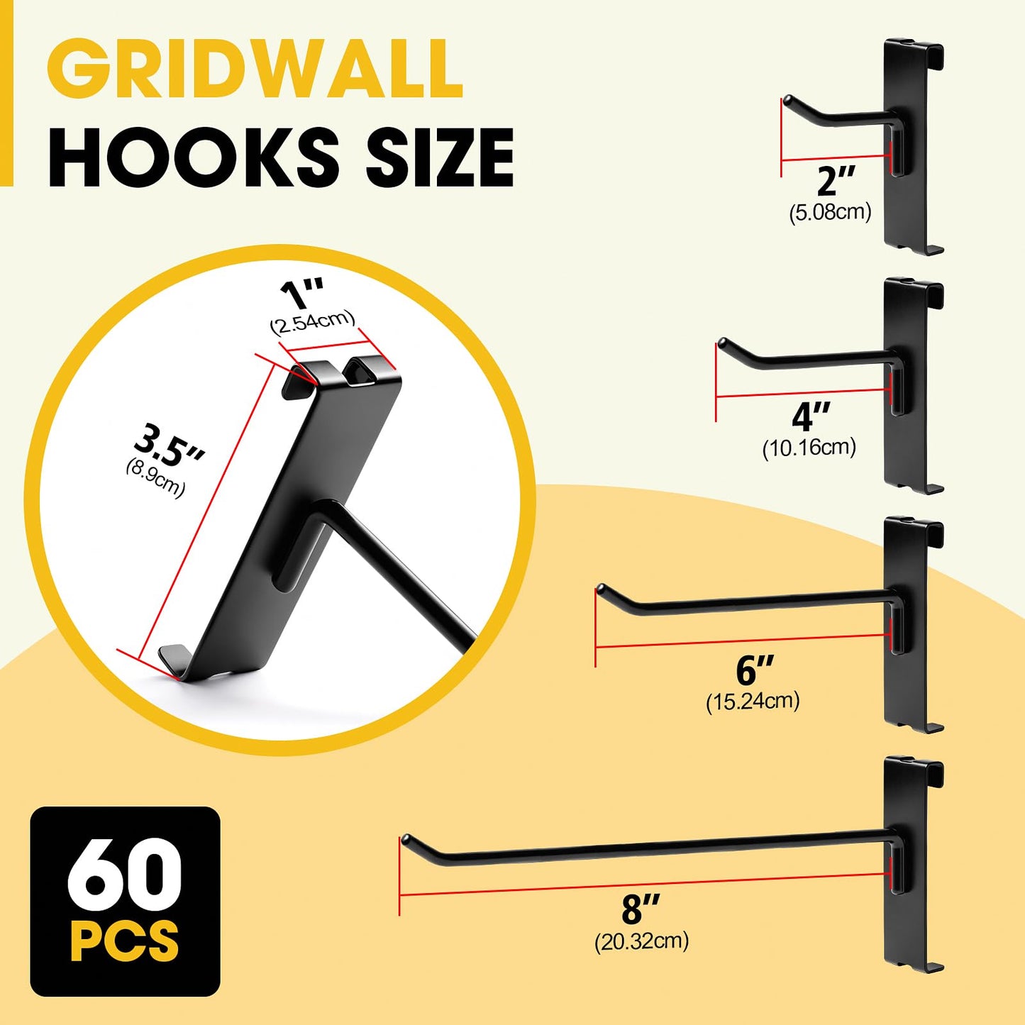 YGPHO Gridwall Hooks 4 Inch, 60 Pack Metal Display Hooks for Grid Wall, Hanging Hooks for Grid Wall Panels, Black Grid Wall Accessory for Clothes, Home Setup, Retail Display- Gridwall Peg Hooks
