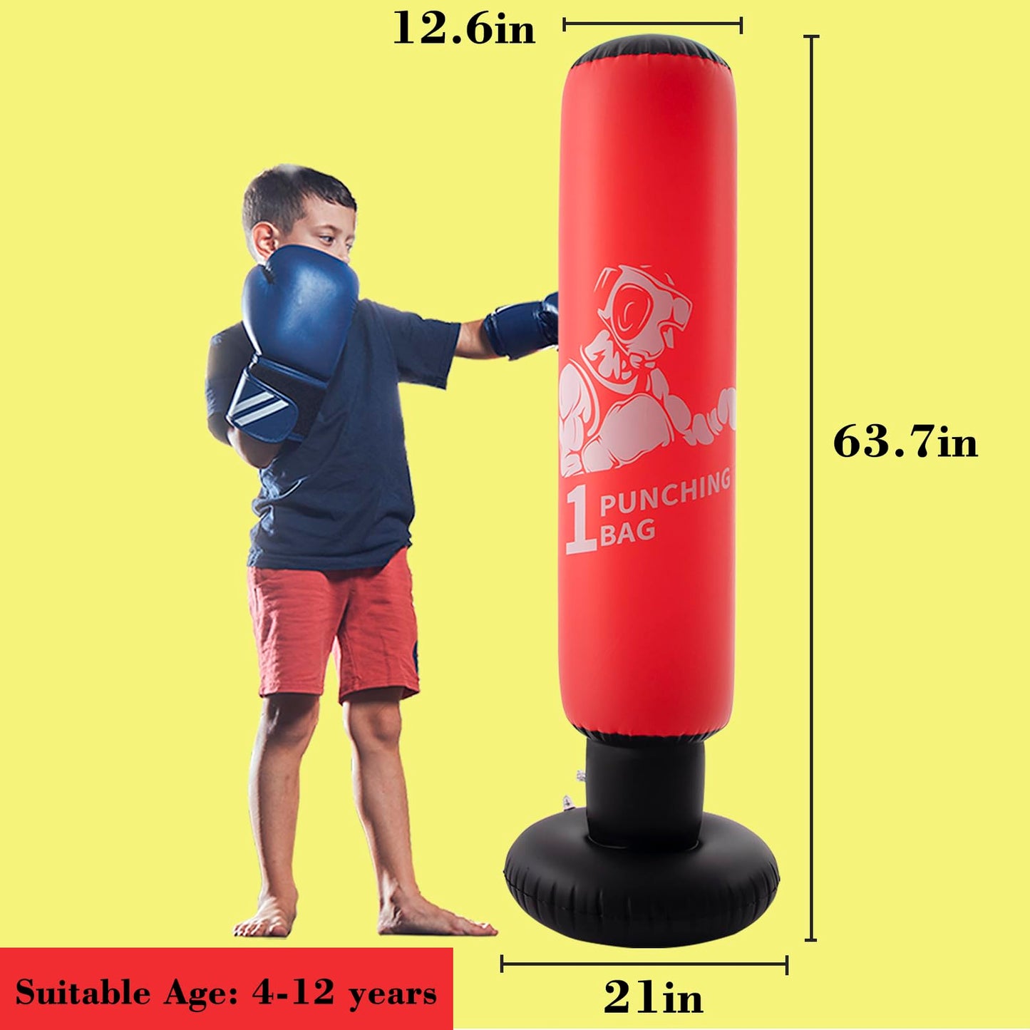 DIMAR GARDEN Inflatable Floor Punching Bag for Kids, 64 Inch Boxing Bag for Karate & Taekwondo Practice, Red