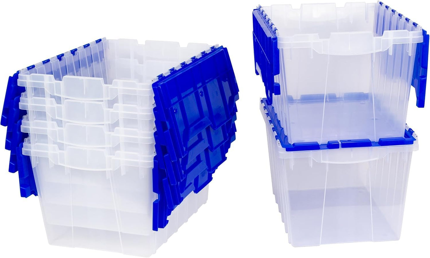 Akro-Mils KeepBox 12 Gallon Storage Container, Nesting and Stackable Plastic Storage Box with Lid Attached, Clear Tote for Garages, Closets, and Moving, 21-1/2" x 15" x 12-1/2", Clear/Blue, 6-Pack