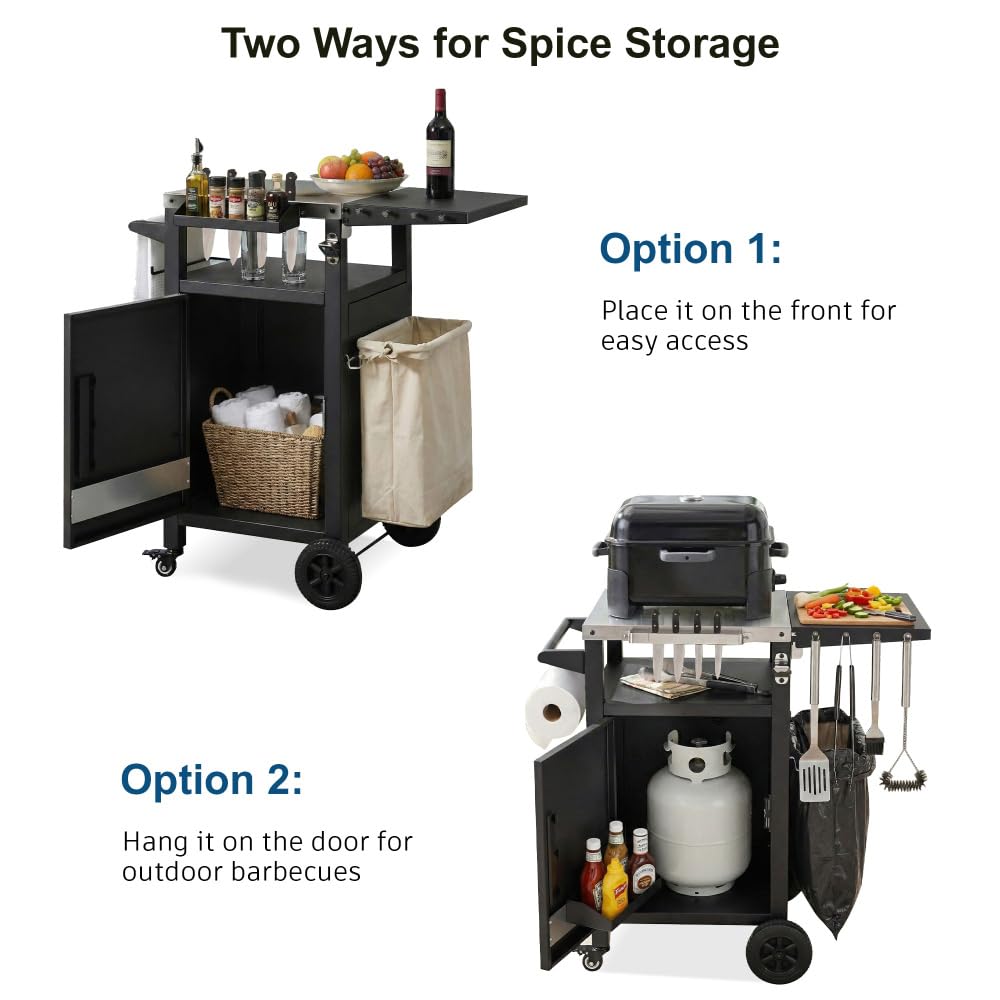 Dfchlda 33.9" Outdoor Grill Cart with Stainless Steel Top, Foldable Table, Storage Cabinet, Pizza Oven Table on Wheels, Hooks & Spice Rack for BBQ, Waterproof Cover Included, Black