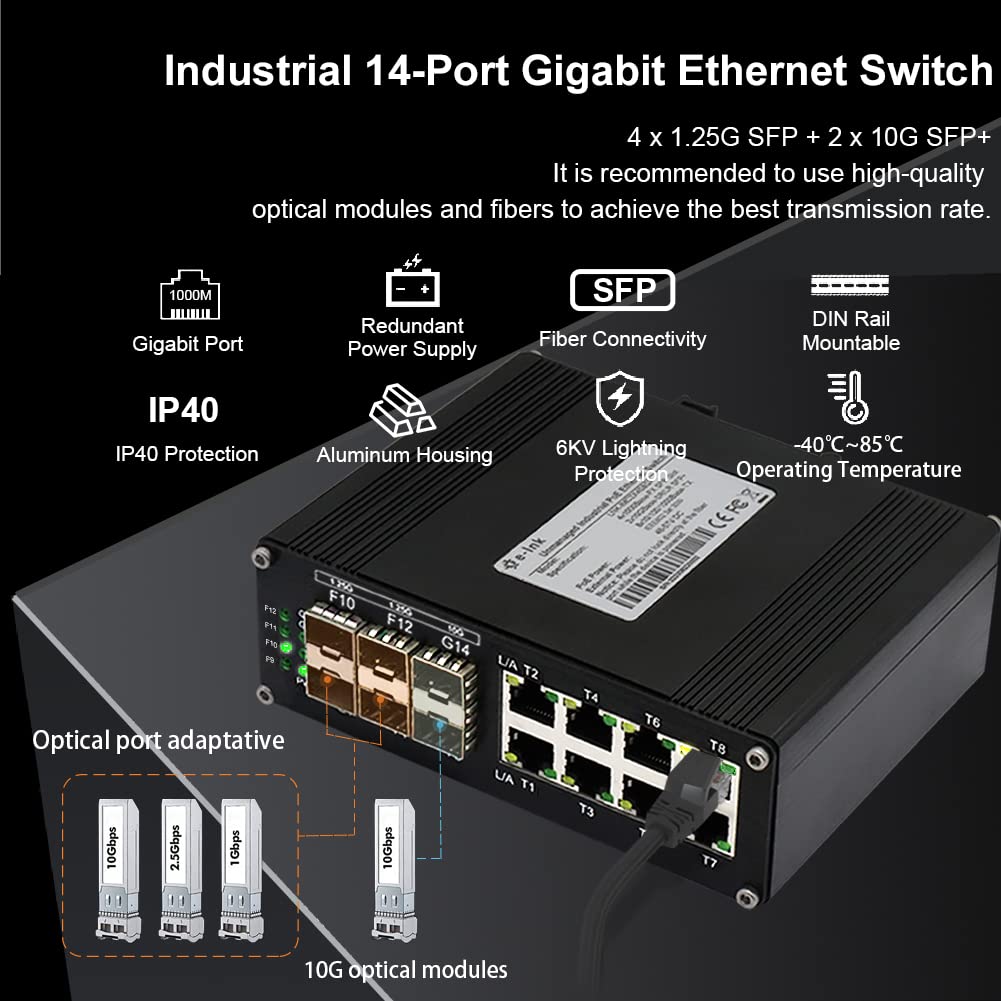 Industrial 8-Port Gigabit Ethernet Plus Switch with 2x10G SFP+ and 4x1.2.5G SFP, 10/100/1000Mbps, DIN Rail Mount Unmanaged Ethernet Fiber Switch