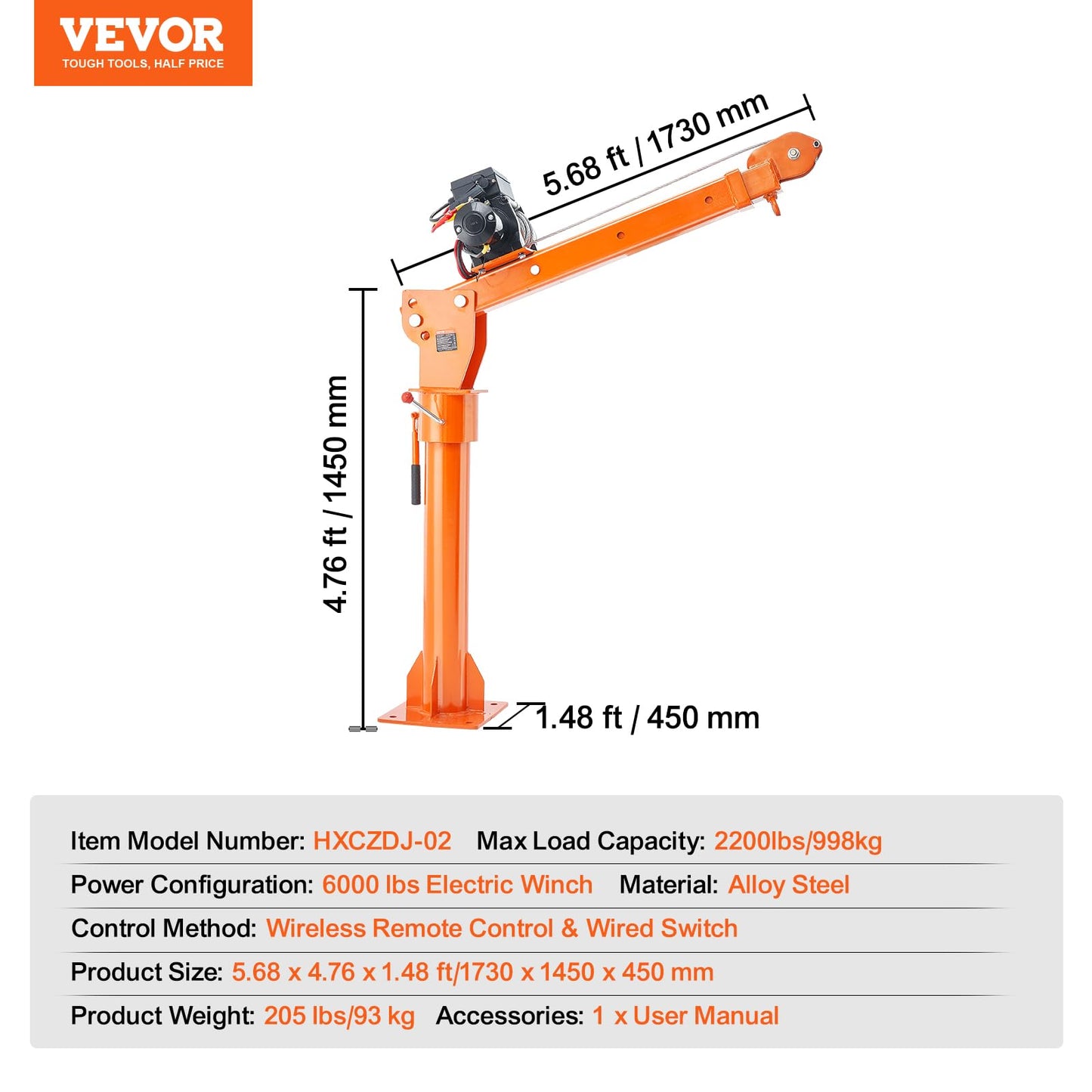 VEVOR 2200 lbs Electric Pickup Truck Crane with Electric Winch 6000 lbs 12V, Folding Truck-Mounted Bed Crane, Steel Pickup Truck Jib Crane Hoist 360° Swivel for Lifting Goods in Construction, Factory