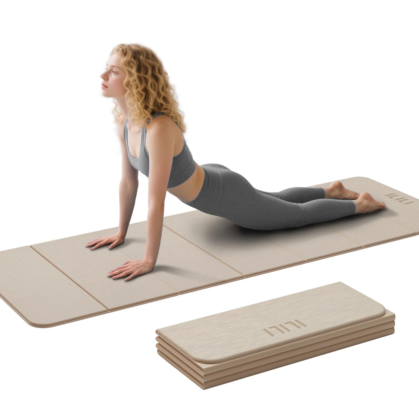 ILILI Foldable Yoga Mat 71 * 24 * 0.3'' - TPE Non-Slip Fitness Mat for Home，Waterproof & Lightweight (2lb) for Home Gym, Pilates & Stretching,Fitness Workouts (Beige)