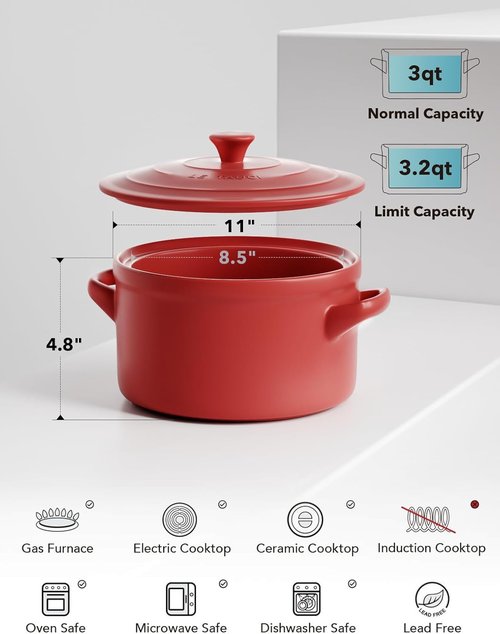 LE TAUCI 3 Quart Ceramic Dutch Oven - Lightweight & Non-Toxic | Oven & Microwave Safe, Chili Red Pot with Lid for Sourdough, Soup & Stew